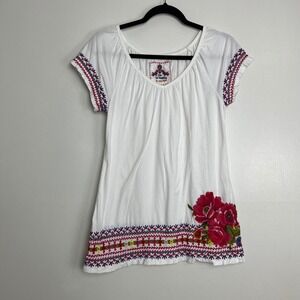 JW Los Angeles Boho Embroidered Tunic Top XS White Red Rose Floral Johnny Was
